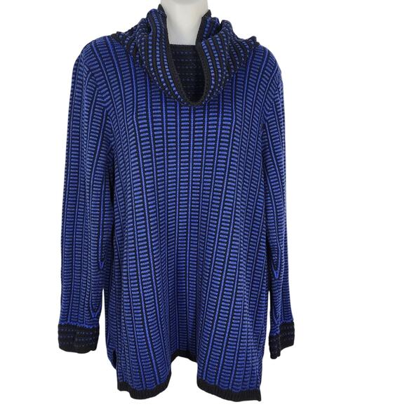 Talbots Sweater Women Large Cowl Neck Pullover Knit Long Sleeve Print Blue Black - Picture 1 of 9